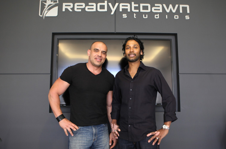 IRVINE, CA - JUNE 4 2014: Ready at Dawn creative director and co-fonder Ru Weerasuriya, right, and Andrea Pessino, CTO and co-founder, left,  in their offices June 4, 2014 in Irvine. (Brian van der Brug / Los Angeles Times)